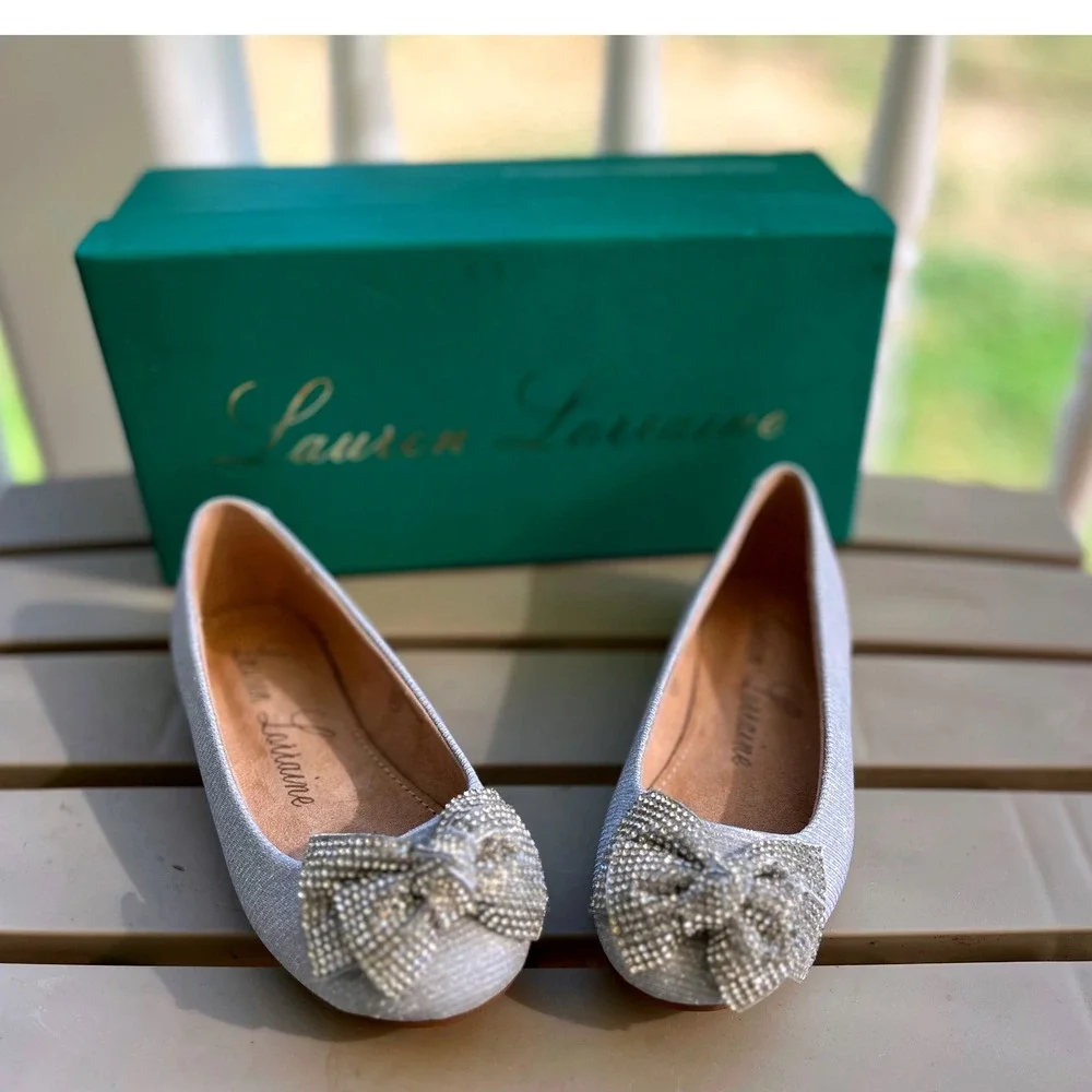 Lauren Lorraine Silver Glitter Rhinestone Bow Ballet Flats  Kids Size 10.5 NWB‎